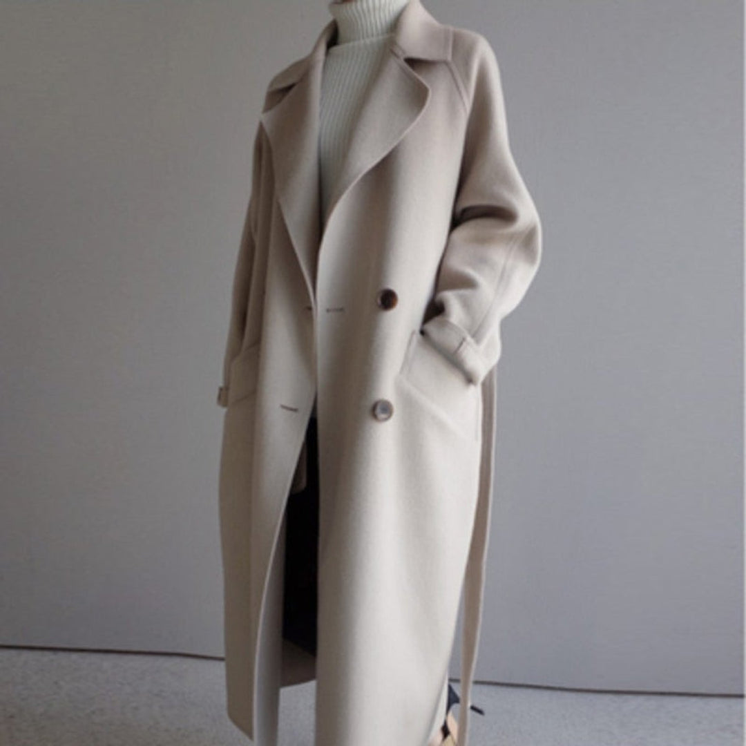 Women's Long Double-Breasted Wool-Blend Trench Coat - Off-White