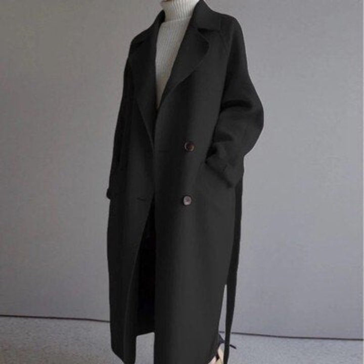 Women's Long Double-Breasted Wool-Blend Trench Coat - Black