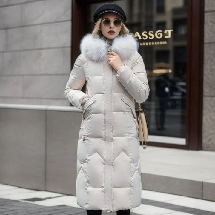Women's Long Hooded Faux Fur Trim Quilted Coat