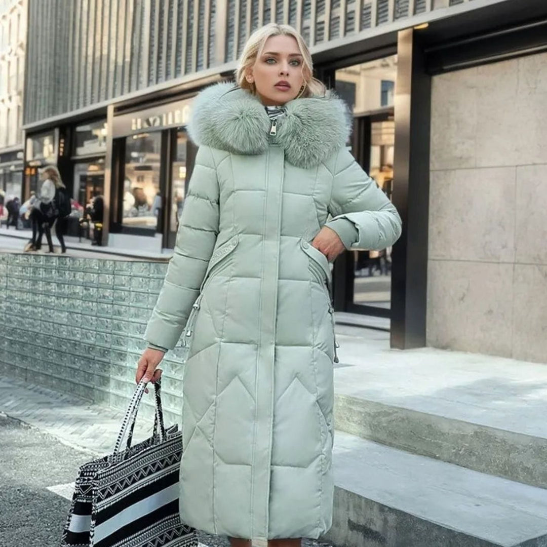 Women's Long Hooded Faux Fur Trim Quilted Coat - Green