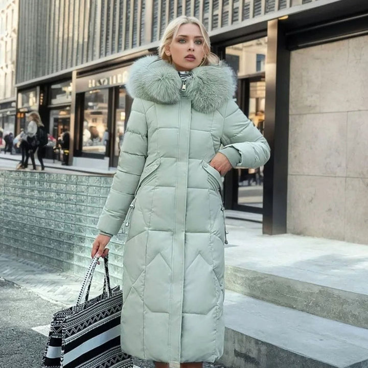 Women's Long Hooded Faux Fur Trim Quilted Coat - Green