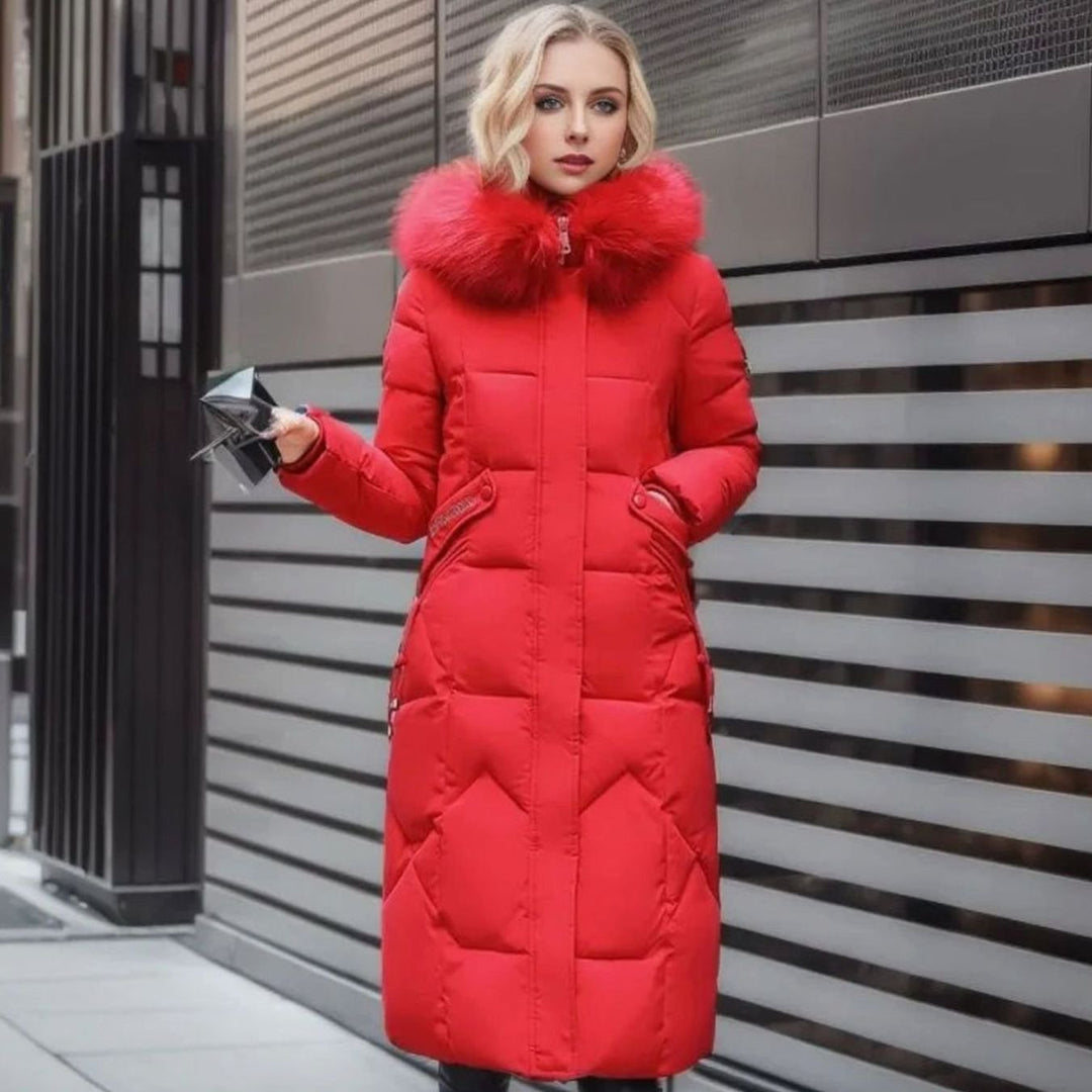 Women's Long Hooded Faux Fur Trim Quilted Coat - Red