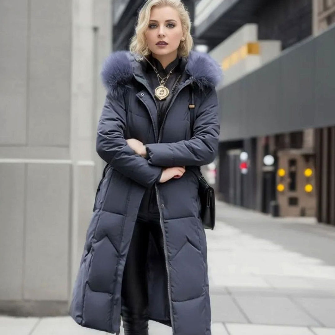 Women's Long Hooded Faux Fur Trim Quilted Coat - Grey