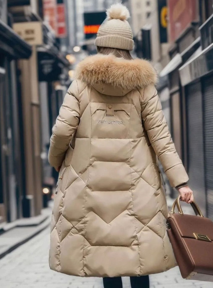 Women's Long Hooded Faux Fur Trim Quilted Coat
