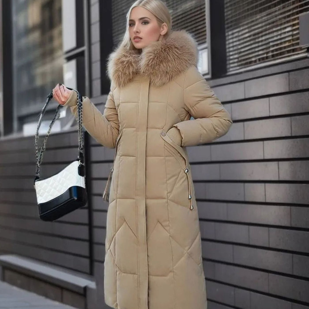 Women's Long Hooded Faux Fur Trim Quilted Coat