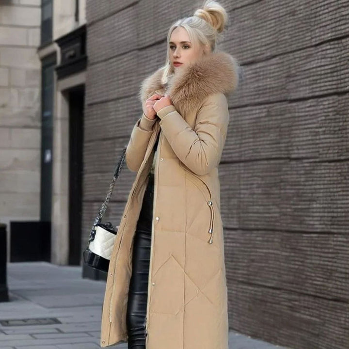 Women's Long Hooded Faux Fur Trim Quilted Coat