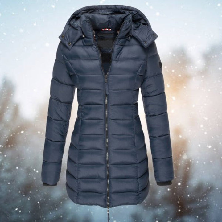 Women's Long Hooded Quilted Jacket Padded Puffer Coat - Navy Blue