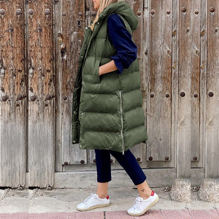 Women's Long Hooded Quilted Puffer Gilet Sleeveless Vest - Army Green