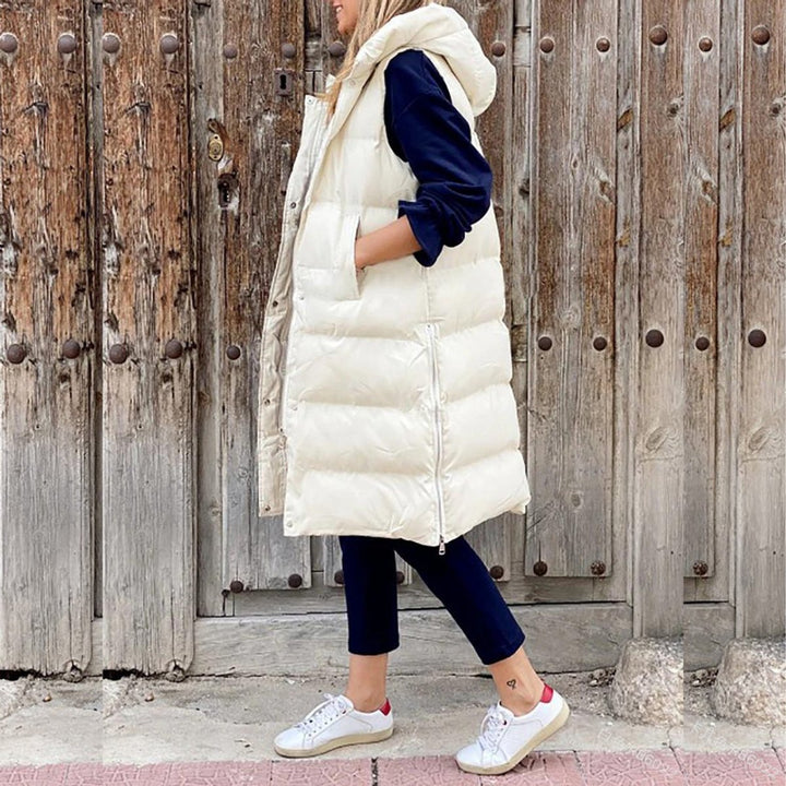 Women's Long Hooded Quilted Puffer Gilet Sleeveless Vest - Cream