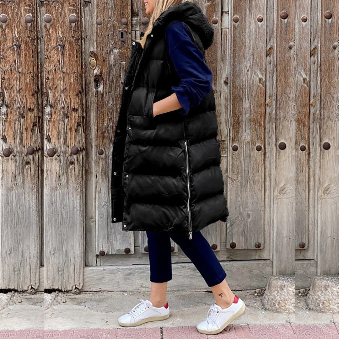 Women's Long Hooded Quilted Puffer Gilet Sleeveless Vest - Black