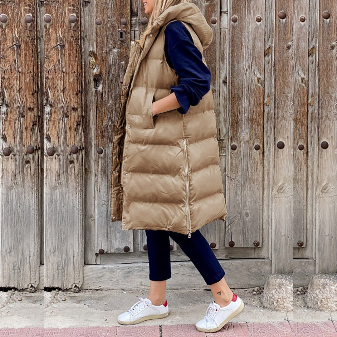 Women's Long Hooded Quilted Puffer Gilet Sleeveless Vest - Khaki