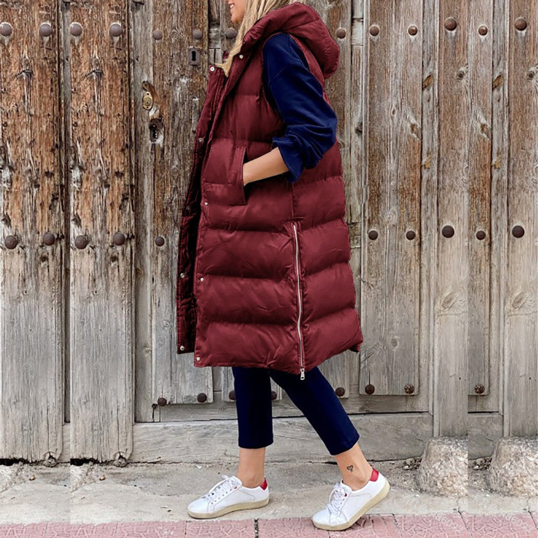 Women's Long Hooded Quilted Puffer Gilet Sleeveless Vest - Burgundy