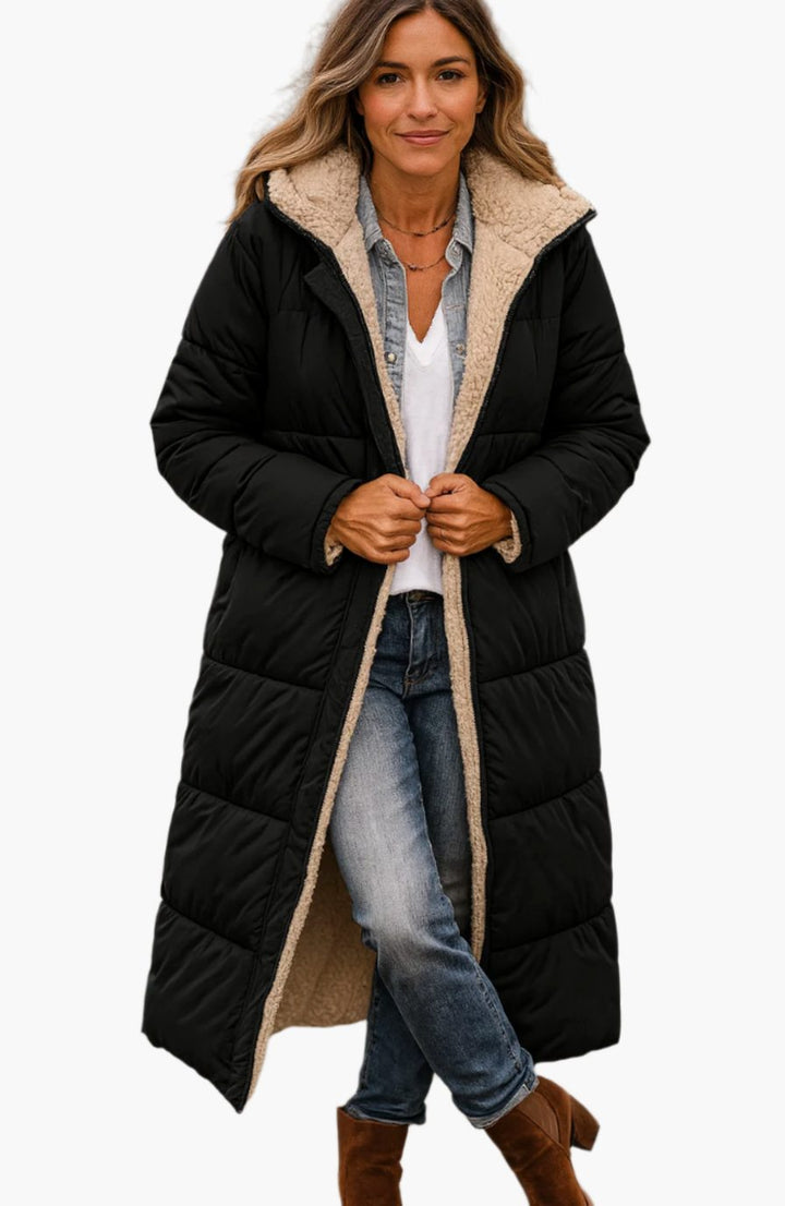 Women's Long Hooded Quilted Sherpa-Lined Winter Coat - Black