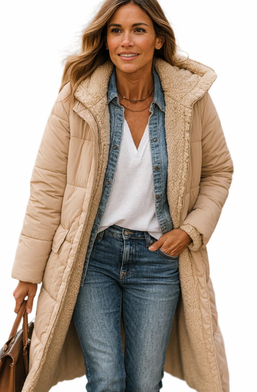 Women's Long Hooded Quilted Sherpa-Lined Winter Coat - Beige