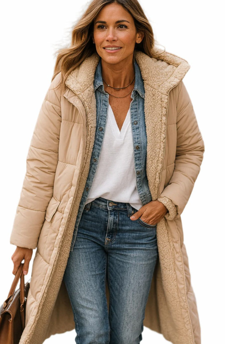 Women's Long Hooded Quilted Sherpa-Lined Winter Coat - Beige