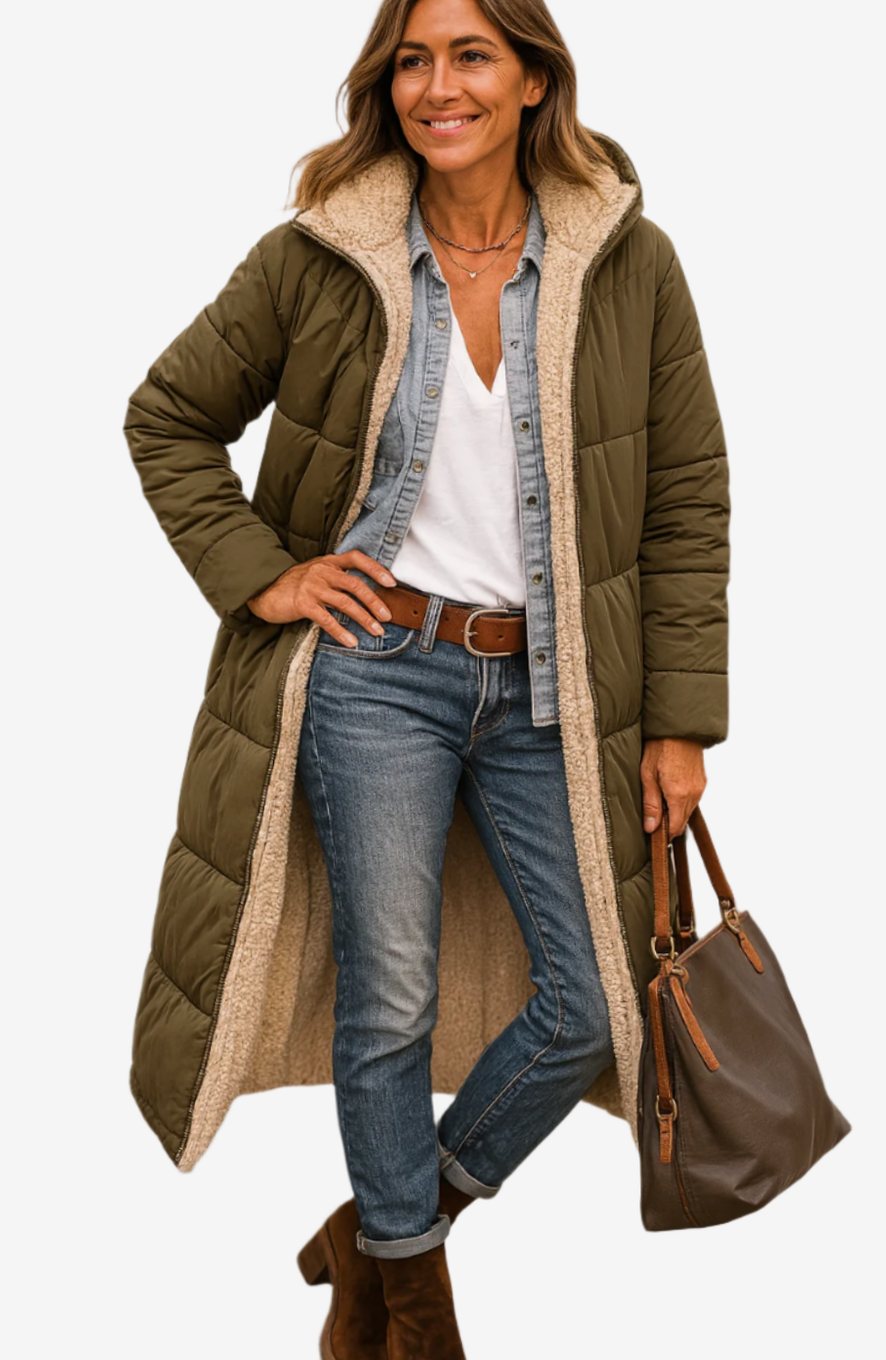 Women's Long Hooded Quilted Sherpa-Lined Winter Coat - Army Green