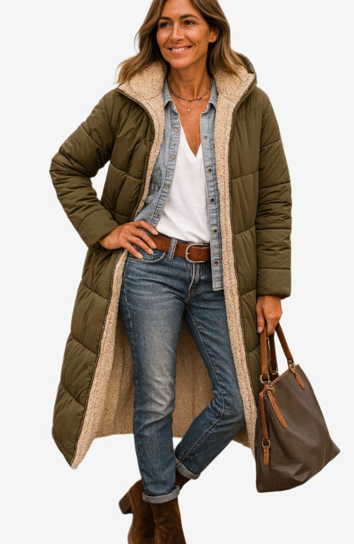 Women's Long Hooded Quilted Sherpa-Lined Winter Coat - Army Green