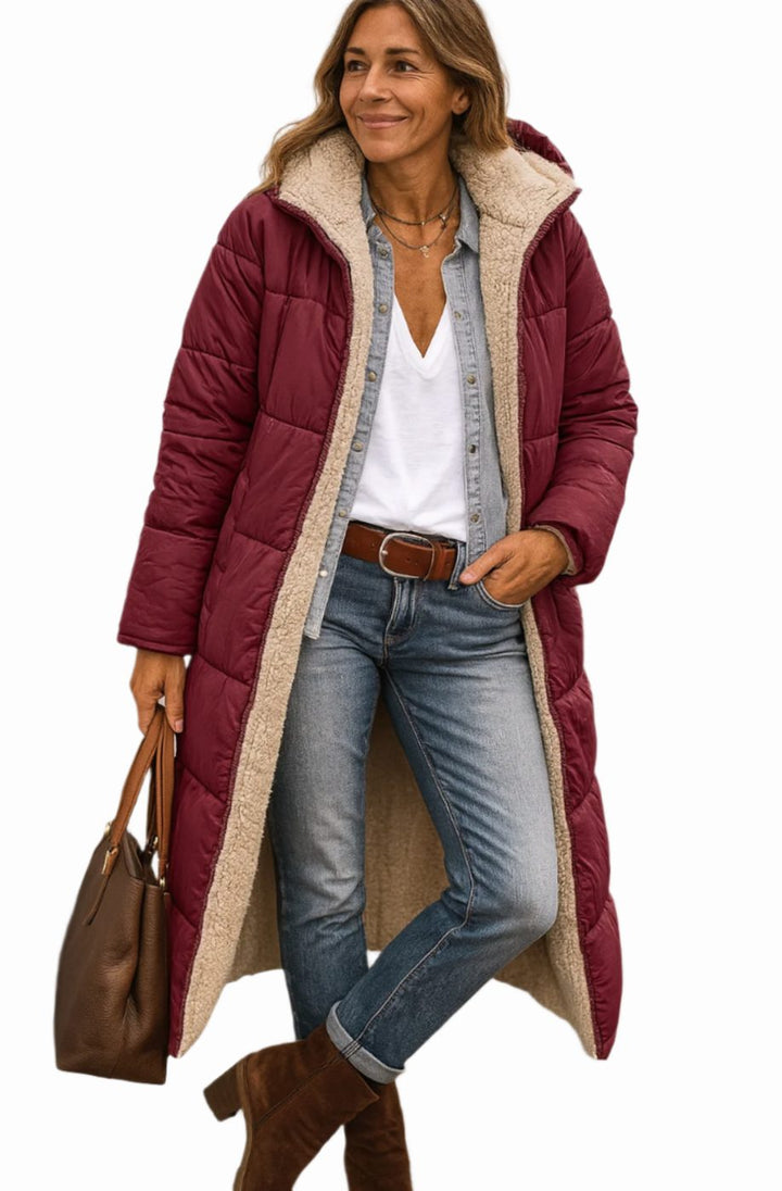 Women's Long Hooded Quilted Sherpa-Lined Winter Coat - Wine Red