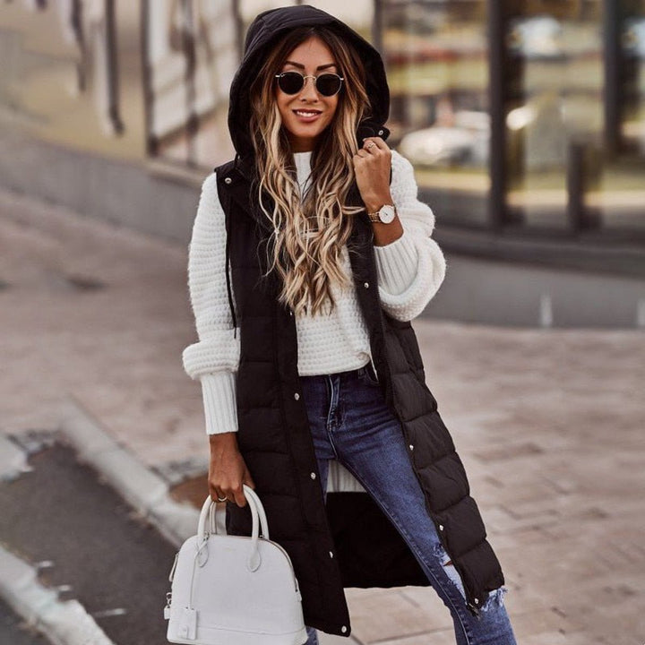 Women's Long Hooded Quilted Sleeveless Puffer Vest