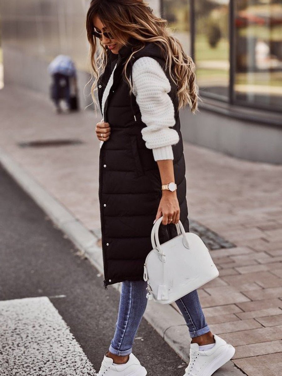 Women's Long Hooded Quilted Sleeveless Puffer Vest