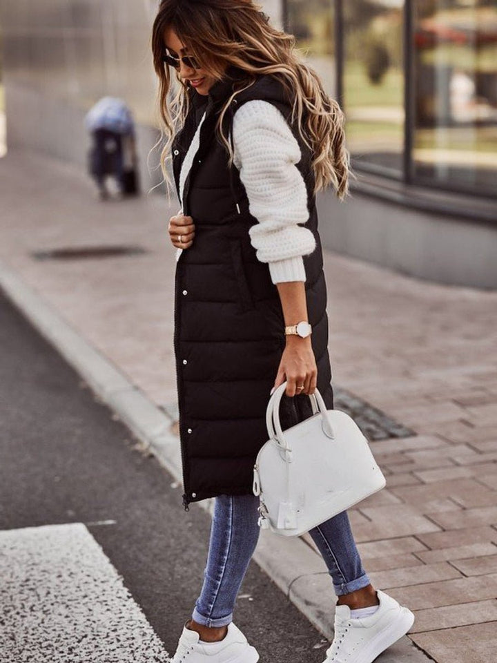Women's Long Hooded Quilted Sleeveless Puffer Vest