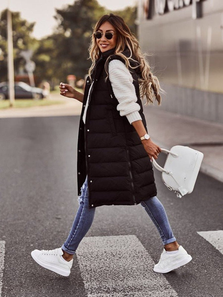 Women's Long Hooded Quilted Sleeveless Puffer Vest
