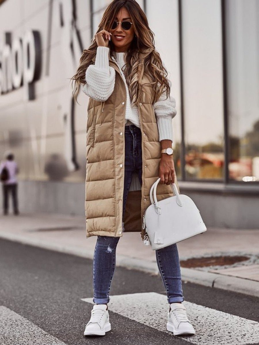 Women's Long Hooded Quilted Sleeveless Puffer Vest - Beige