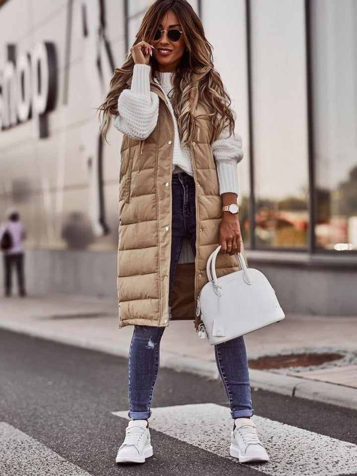 Women's Long Hooded Quilted Sleeveless Puffer Vest - Beige