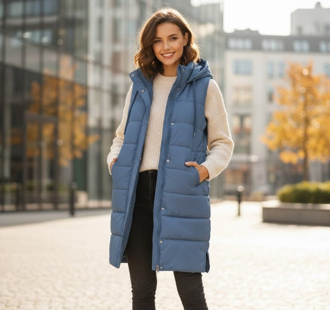 Women's Long Hooded Quilted Sleeveless Puffer Vest - Blue