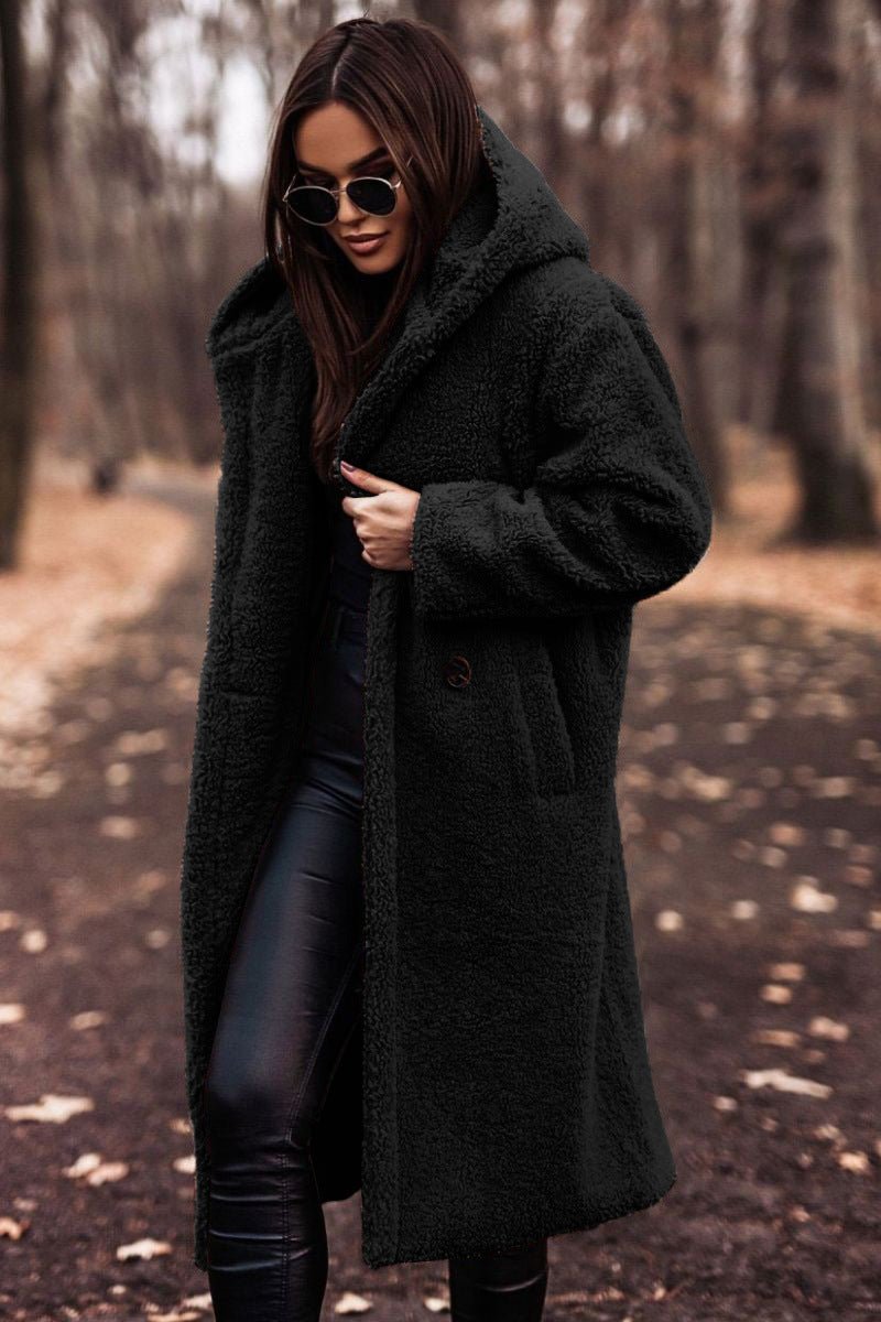 Women's Long Relaxed-Fit Teddy Fleece Hooded Coat - Black