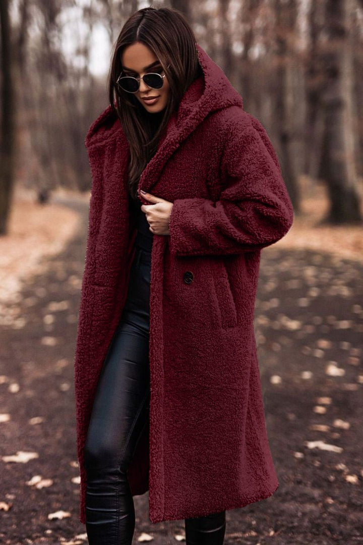 Women's Long Relaxed-Fit Teddy Fleece Hooded Coat - Red