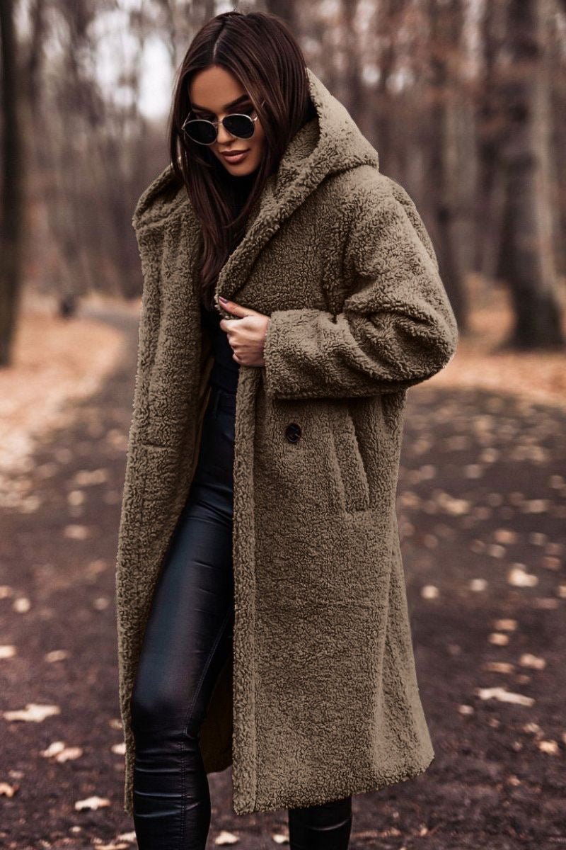 Women's Long Relaxed-Fit Teddy Fleece Hooded Coat - Khaki