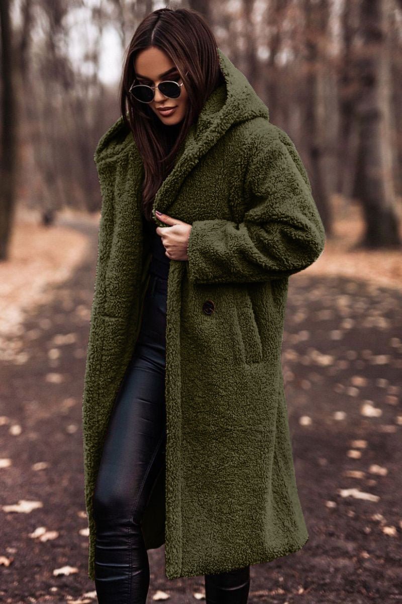 Women's Long Relaxed-Fit Teddy Fleece Hooded Coat - Dark Green