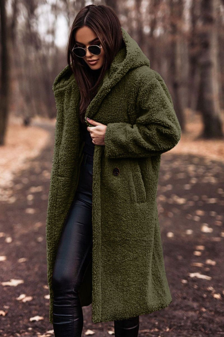 Women's Long Relaxed-Fit Teddy Fleece Hooded Coat - Dark Green