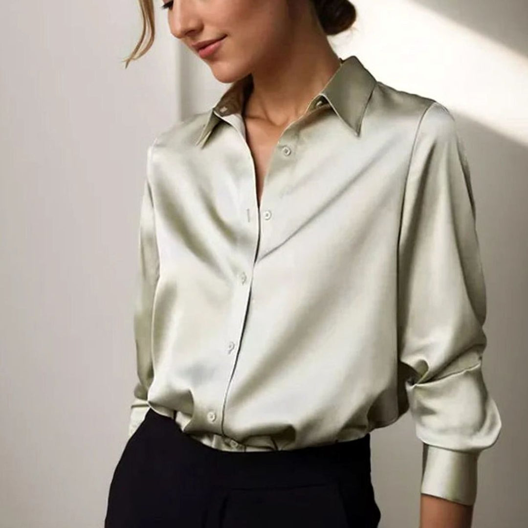 Women's Long Sleeve Button-Down Satin Blouses Loose Fit - Green