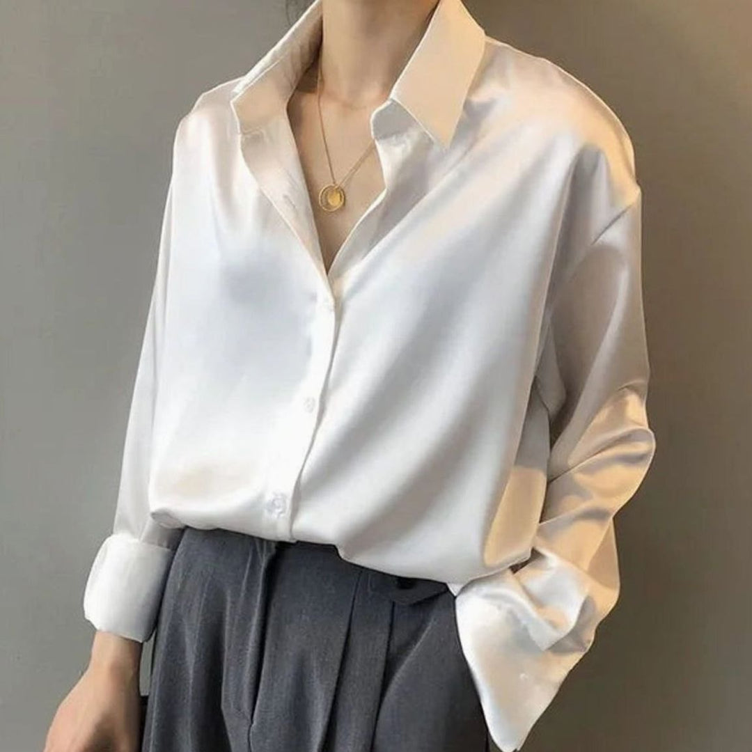 Women's Long Sleeve Button-Down Satin Blouses Loose Fit - White