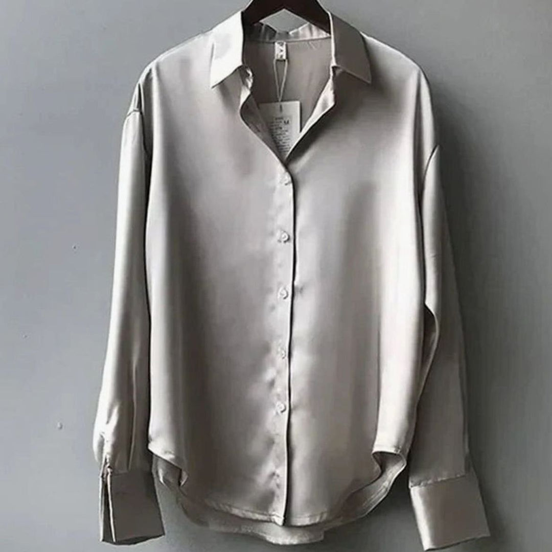 Women's Long Sleeve Button-Down Satin Blouses Loose Fit - Grey