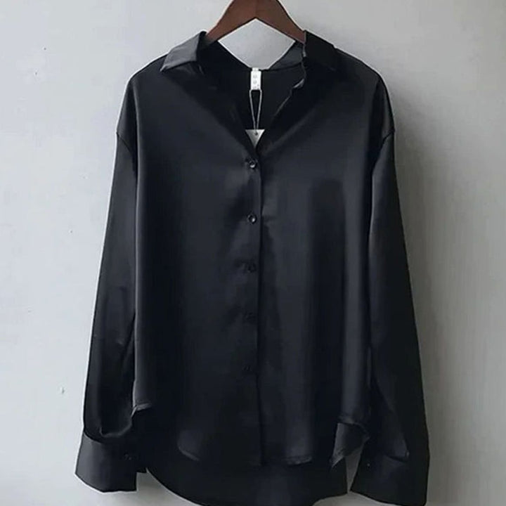 Women's Long Sleeve Button-Down Satin Blouses Loose Fit - Black