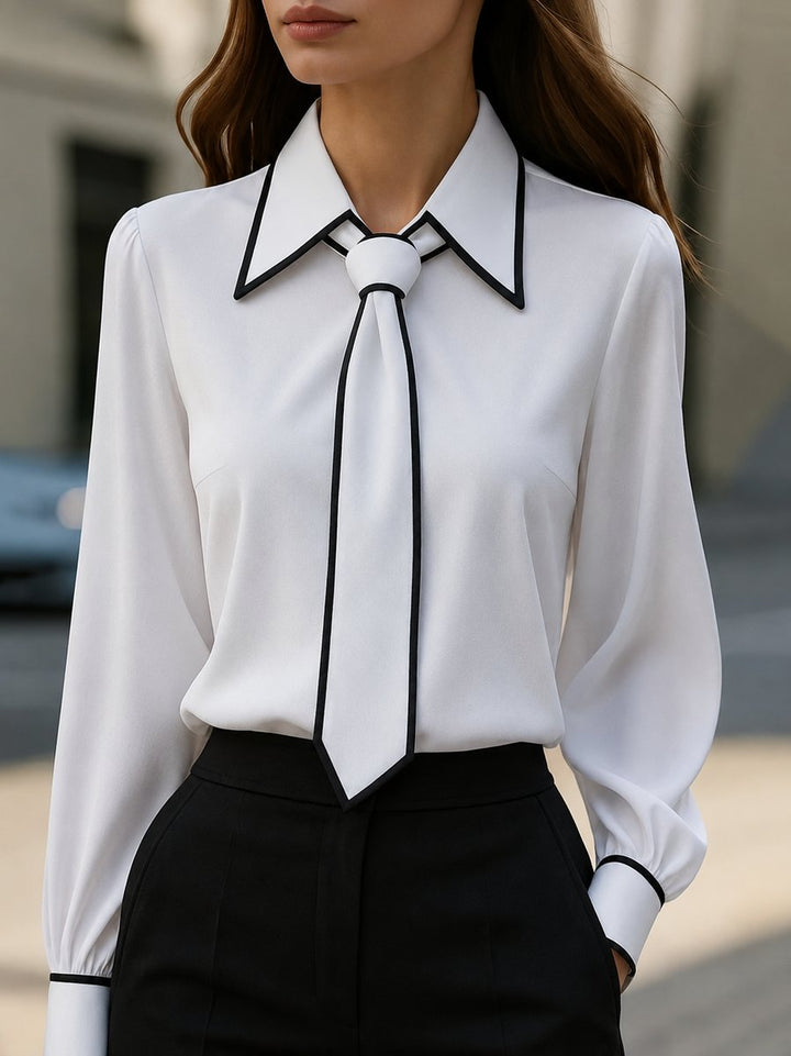 Women's Long Sleeve Contrast Trim Tie Neck Blouse - White