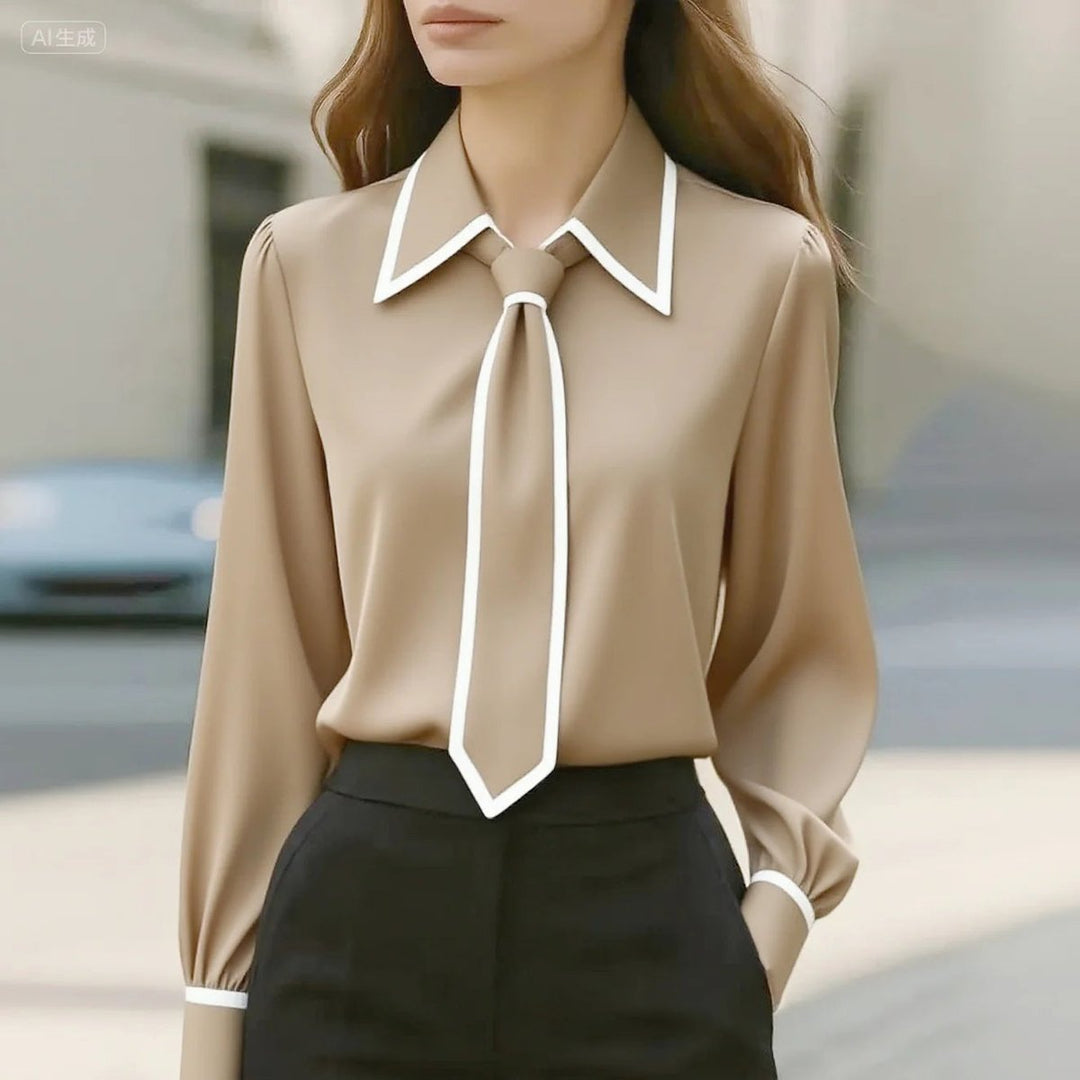 Women's Long Sleeve Contrast Trim Tie Neck Blouse - Beige