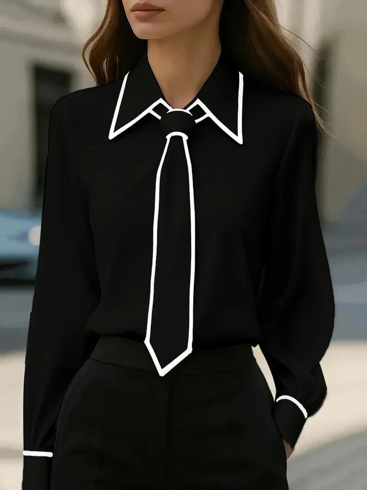 Women's Long Sleeve Contrast Trim Tie Neck Blouse - Black
