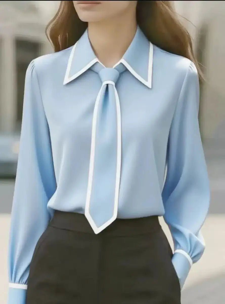 Women's Long Sleeve Contrast Trim Tie Neck Blouse - Sky Blue