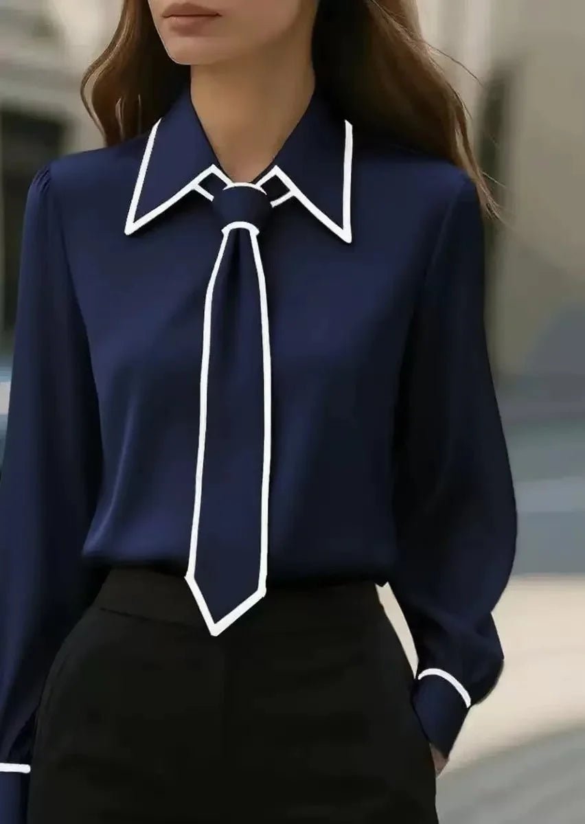 Women's Long Sleeve Contrast Trim Tie Neck Blouse - Navy Blue
