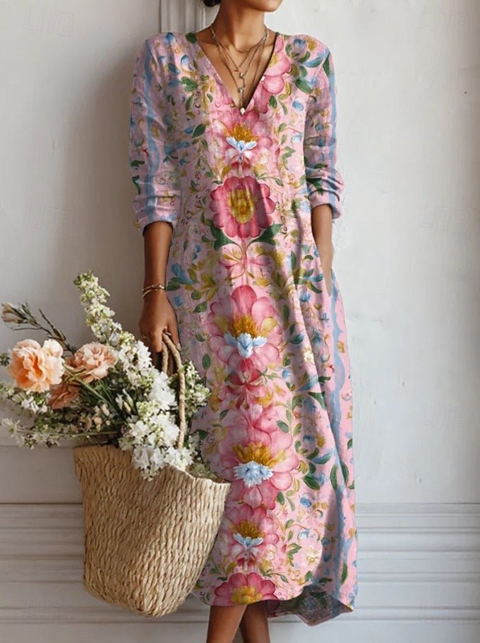 Women's Long Sleeve Floral V-Neck Maxi Dress - Dress (almost sold out)