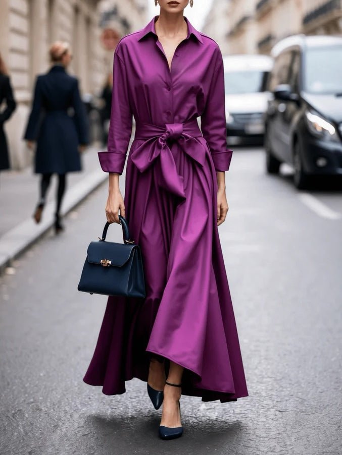 Women's Long-Sleeve Shirt-Style Tie-Waist Maxi Dress - Purple