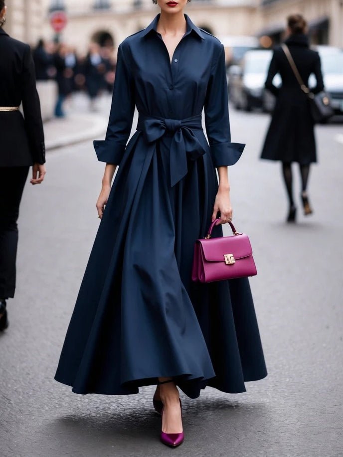 Women's Long-Sleeve Shirt-Style Tie-Waist Maxi Dress - Navy