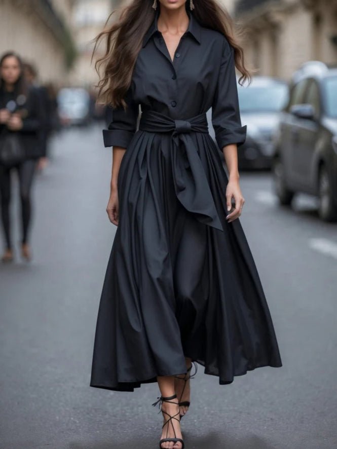 Women's Long-Sleeve Shirt-Style Tie-Waist Maxi Dress - Black