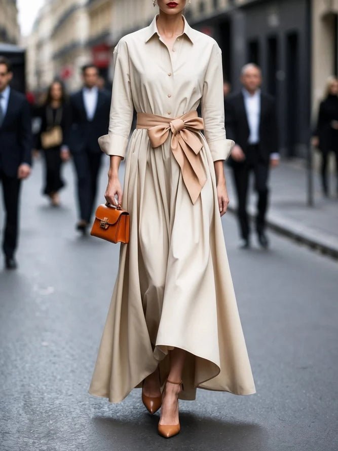 Women's Long-Sleeve Shirt-Style Tie-Waist Maxi Dress - Beige