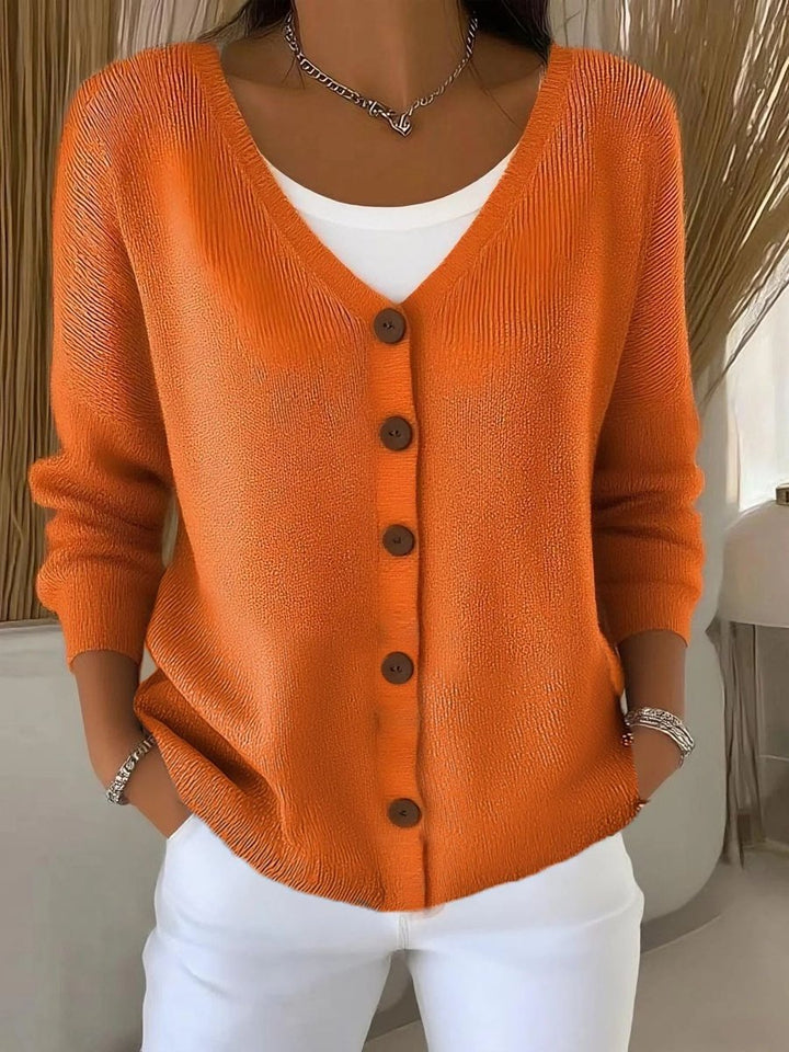 Women's Long Sleeve V-Neck Button-Front Knit Sweater - Orange