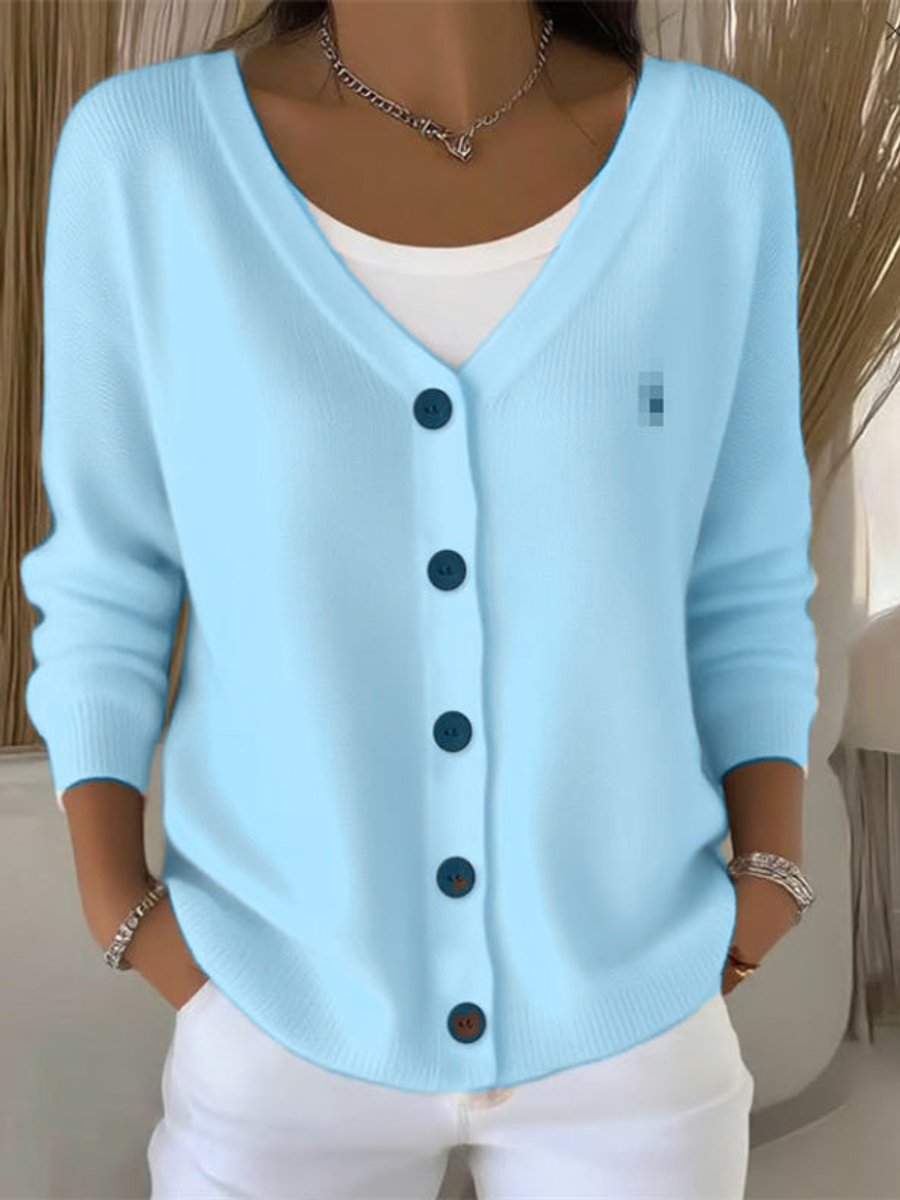 Women's Long Sleeve V-Neck Button-Front Knit Sweater - Blue